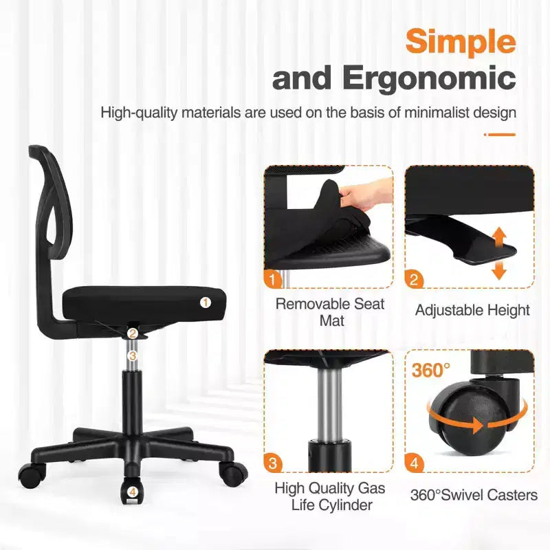 Chaise de bureau à dossier bas en maille sans accoudoirs, chaise d'ordinateur avec soutien lombaire, chaise de bureau pour étude, salle de lecture, bureau