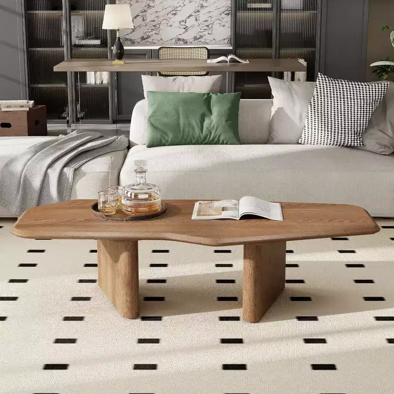 Table basse rustique en bois irrégulière avec double piédestal