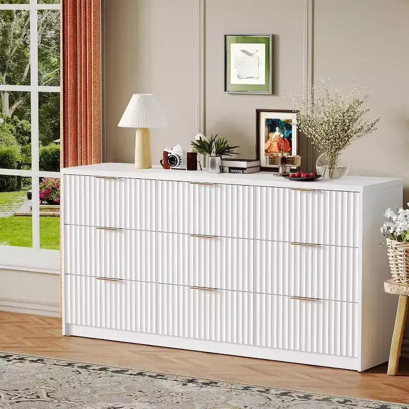 Commode moderne cannelée à 8/9 tiroirs, commode de chambre à coucher, organisateur de rangement pour salon, couloir, entrée, couleur bois/noir/blanc