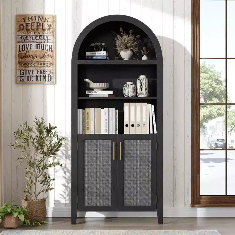 63.2Arched Bookcase with Doors, 5 Tier Open Display Shelf with Rattan Decor, Versatile Storage Cupboard for Kitchen, Dining Room, Living Room