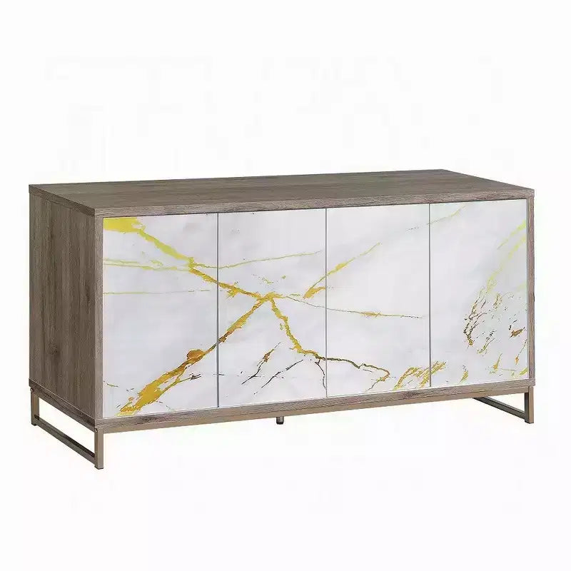 Buffet console, aspect marbre blanc, 4 portes, marron, 165 cm