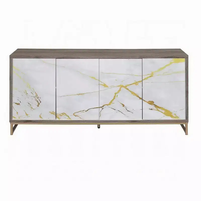 Buffet console, aspect marbre blanc, 4 portes, marron, 165 cm