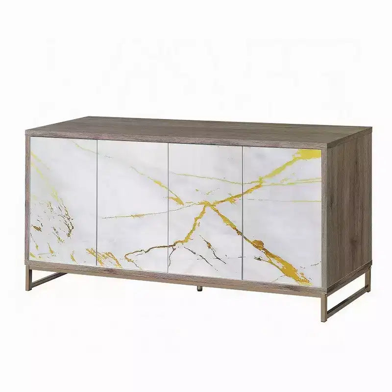 Buffet console, aspect marbre blanc, 4 portes, marron, 165 cm