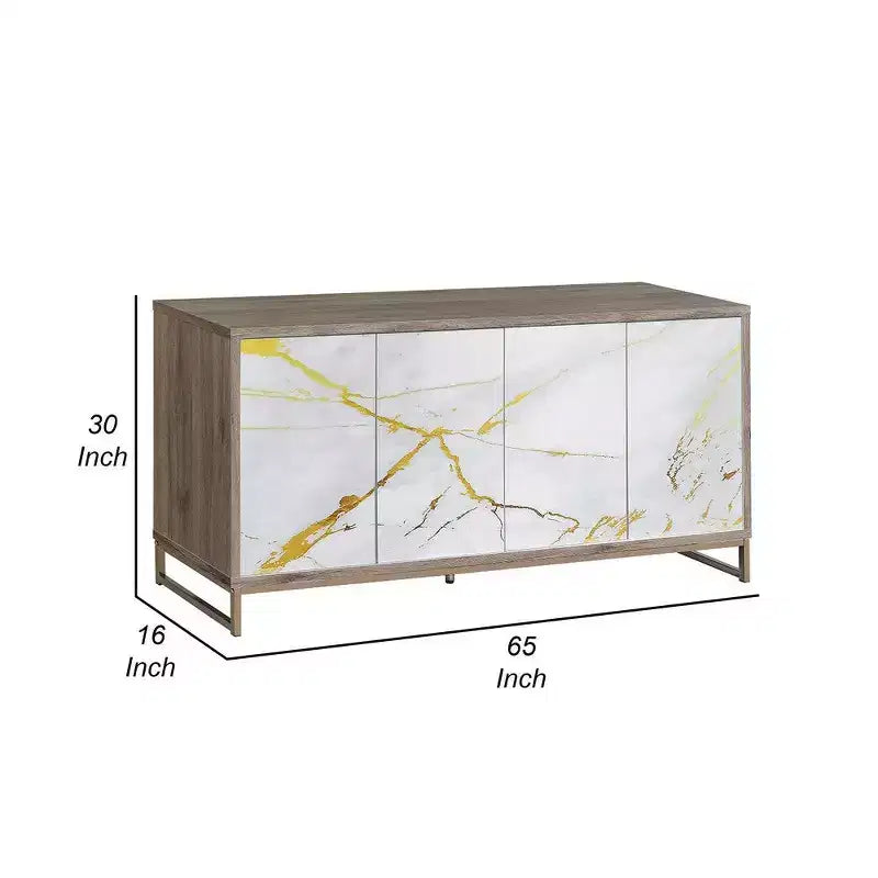 Buffet console, aspect marbre blanc, 4 portes, marron, 165 cm