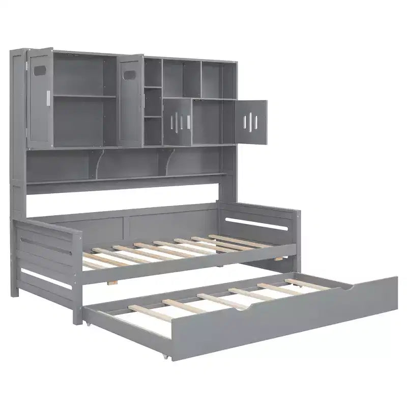Lit de repos double/complet avec bibliothèque de rangement, lit de repos en bois, lit de repos en bois avec armoires de rangement et étagères
