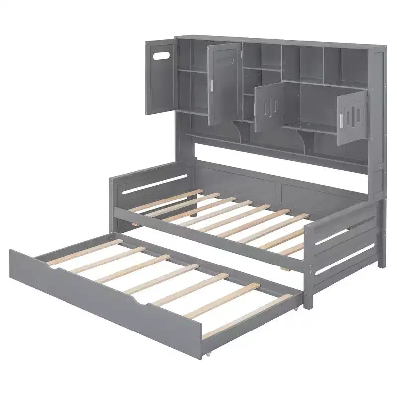 Lit de repos double/complet avec bibliothèque de rangement, lit de repos en bois, lit de repos en bois avec armoires de rangement et étagères