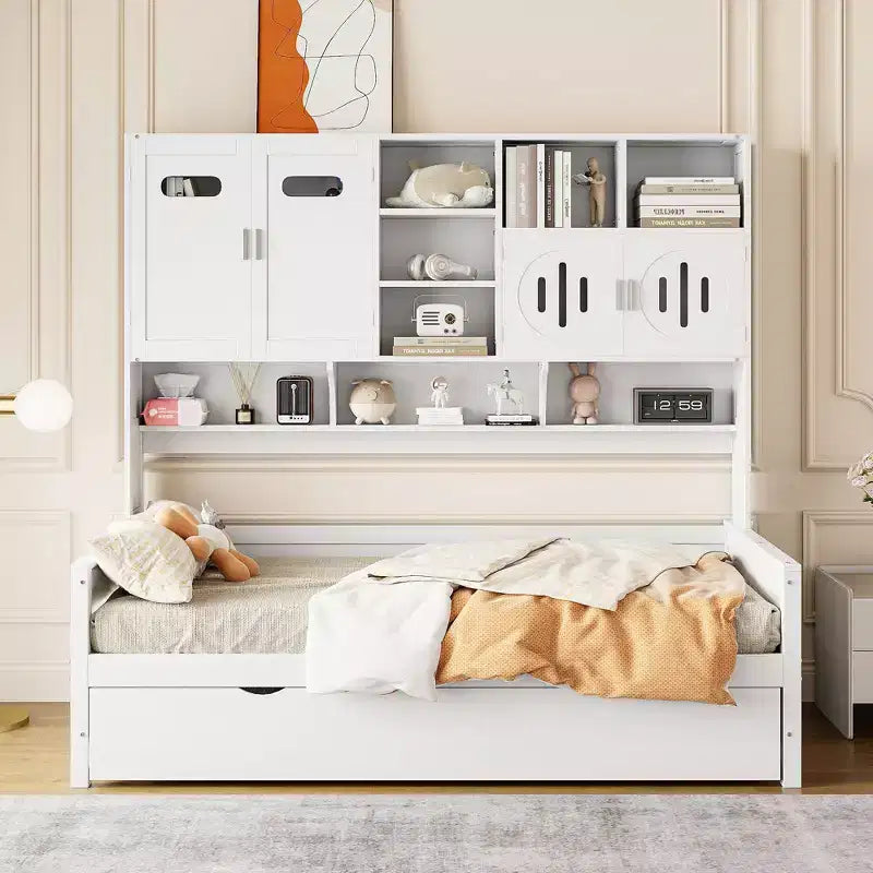 Lit de repos double/complet avec bibliothèque de rangement, lit de repos en bois, lit de repos en bois avec armoires de rangement et étagères