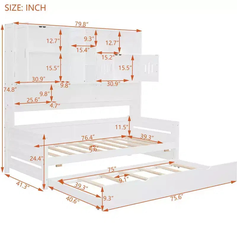 Lit de repos double/complet avec bibliothèque de rangement, lit de repos en bois, lit de repos en bois avec armoires de rangement et étagères