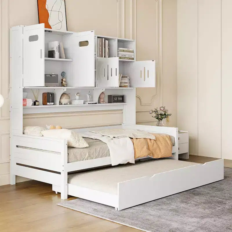 Lit de repos double/complet avec bibliothèque de rangement, lit de repos en bois, lit de repos en bois avec armoires de rangement et étagères