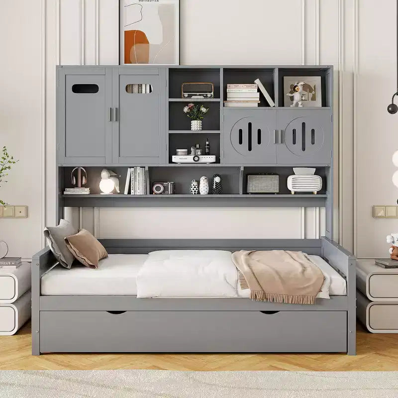 Lit de repos double/complet avec bibliothèque de rangement, lit de repos en bois, lit de repos en bois avec armoires de rangement et étagères