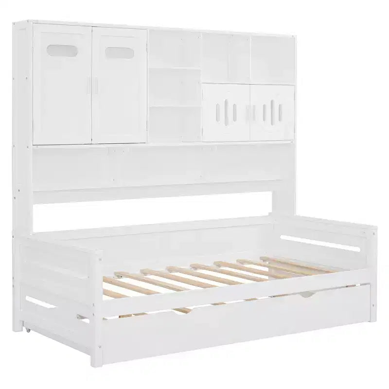 Lit de repos double/complet avec bibliothèque de rangement, lit de repos en bois, lit de repos en bois avec armoires de rangement et étagères