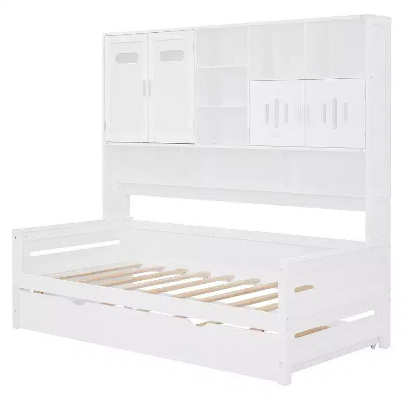 Lit de repos double/complet avec bibliothèque de rangement, lit de repos en bois, lit de repos en bois avec armoires de rangement et étagères