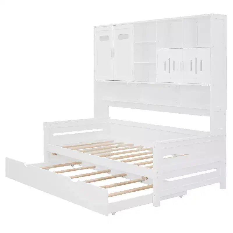 Lit de repos double/complet avec bibliothèque de rangement, lit de repos en bois, lit de repos en bois avec armoires de rangement et étagères