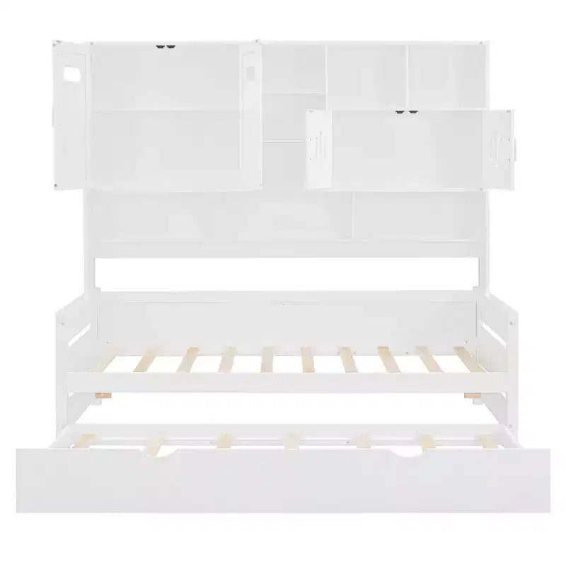 Lit de repos double/complet avec bibliothèque de rangement, lit de repos en bois, lit de repos en bois avec armoires de rangement et étagères