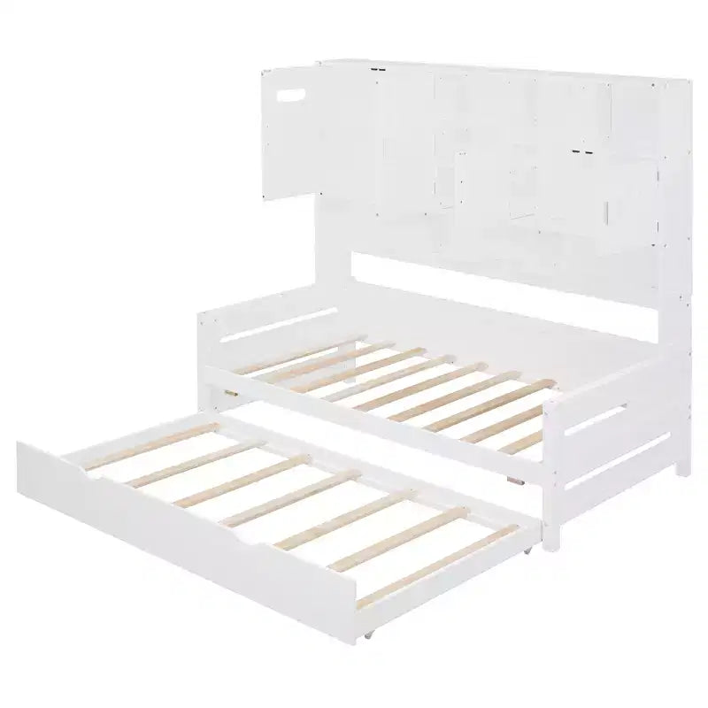 Lit de repos double/complet avec bibliothèque de rangement, lit de repos en bois, lit de repos en bois avec armoires de rangement et étagères