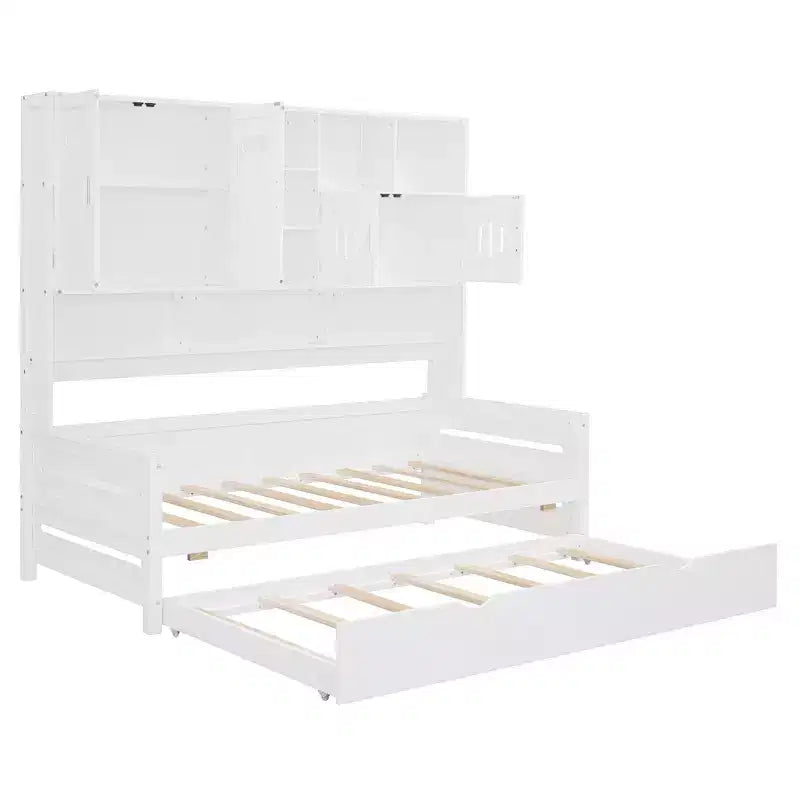 Lit de repos double/complet avec bibliothèque de rangement, lit de repos en bois, lit de repos en bois avec armoires de rangement et étagères