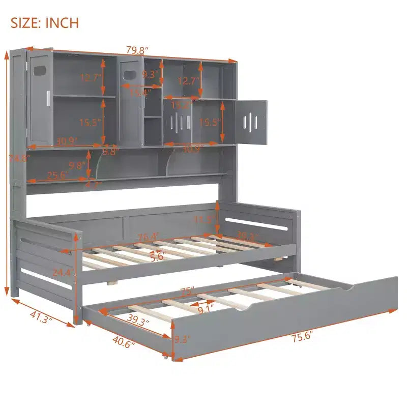 Lit de repos double/complet avec bibliothèque de rangement, lit de repos en bois, lit de repos en bois avec armoires de rangement et étagères