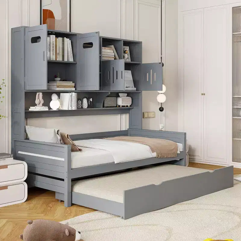Lit de repos double/complet avec bibliothèque de rangement, lit de repos en bois, lit de repos en bois avec armoires de rangement et étagères