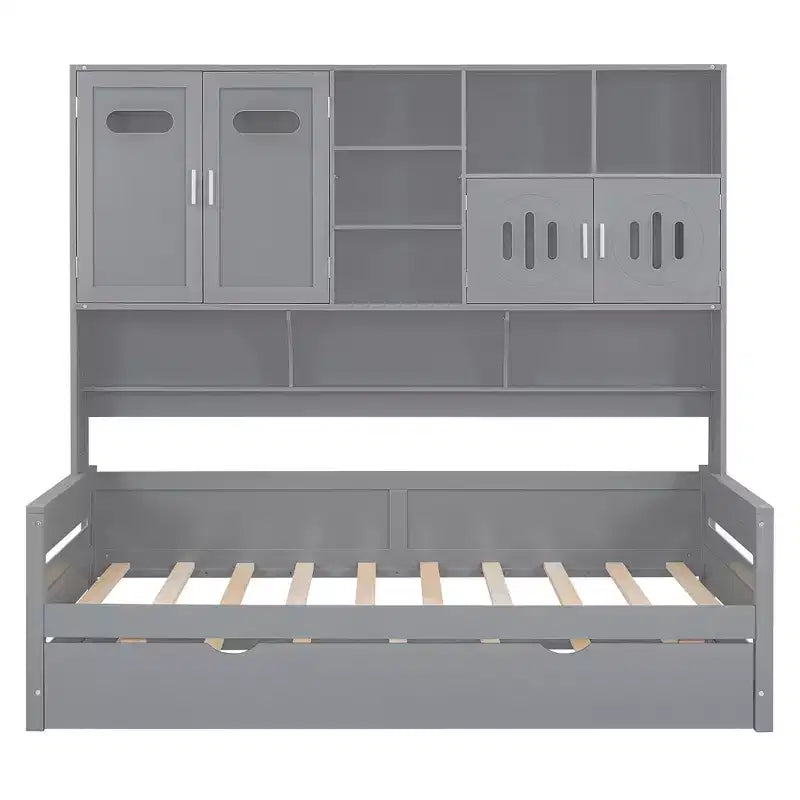 Lit de repos double/complet avec bibliothèque de rangement, lit de repos en bois, lit de repos en bois avec armoires de rangement et étagères