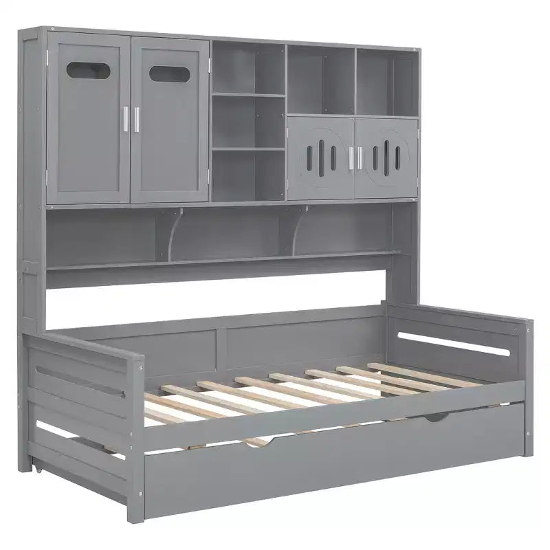 Lit de repos double/complet avec bibliothèque de rangement, lit de repos en bois, lit de repos en bois avec armoires de rangement et étagères