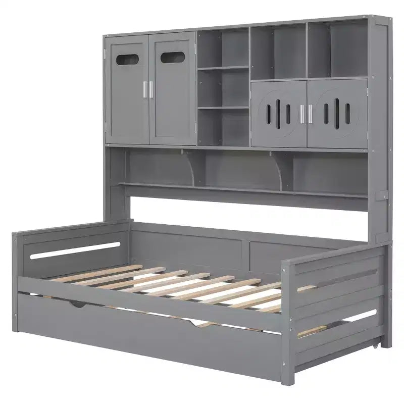 Lit de repos double/complet avec bibliothèque de rangement, lit de repos en bois, lit de repos en bois avec armoires de rangement et étagères