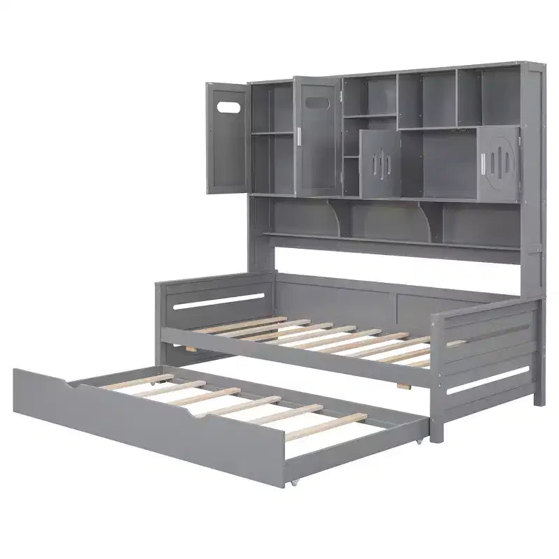 Lit de repos double/complet avec bibliothèque de rangement, lit de repos en bois, lit de repos en bois avec armoires de rangement et étagères