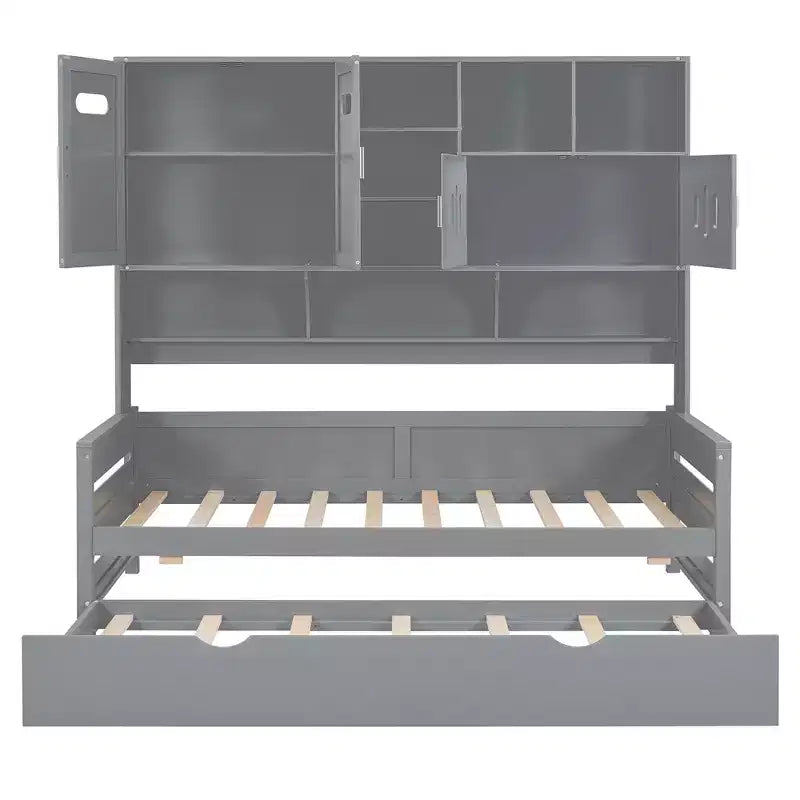Lit de repos double/complet avec bibliothèque de rangement, lit de repos en bois, lit de repos en bois avec armoires de rangement et étagères