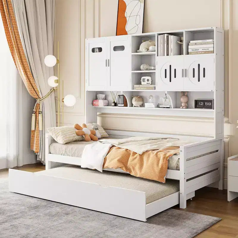 Lit de repos double/complet avec bibliothèque de rangement, lit de repos en bois, lit de repos en bois avec armoires de rangement et étagères