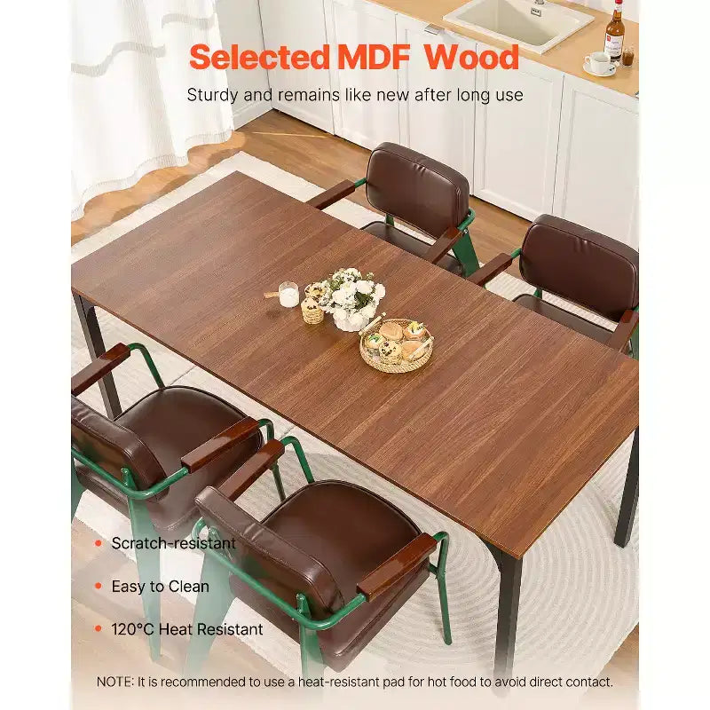 Table à manger rectangulaire, grande table en bois de 180 cm de long pour 6-8 personnes, meuble de salle à manger de style ferme, avec pieds en fer (Table seule) Marron