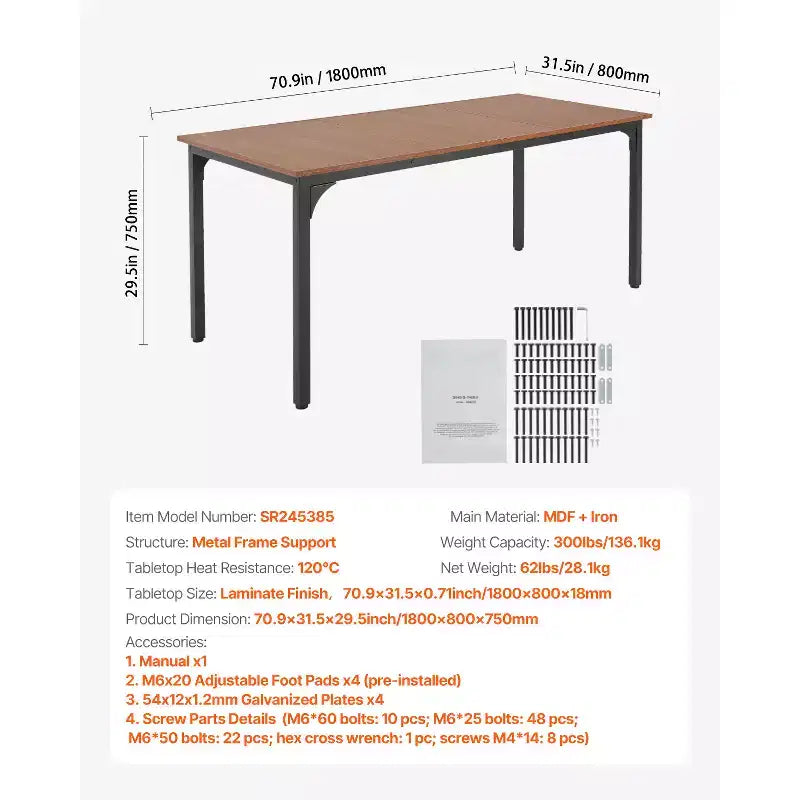 Table à manger rectangulaire, grande table en bois de 180 cm de long pour 6-8 personnes, meuble de salle à manger de style ferme, avec pieds en fer (Table seule) Marron